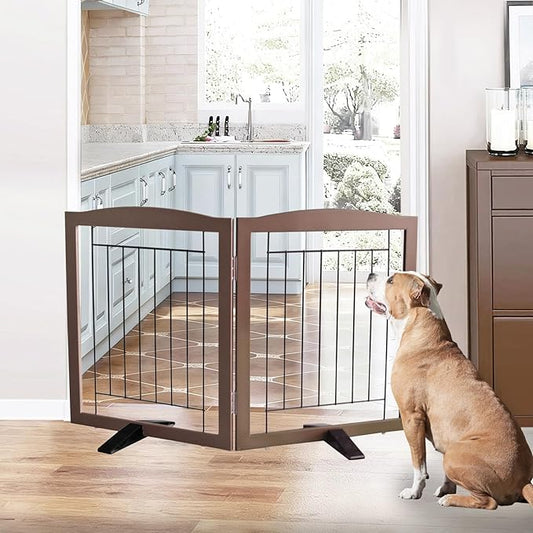 ZJSF Freestanding Dog Fence Indoor, Foldable Dog Gate for Doorways, Stairs or Hallways, Sturdy Wood Extra Wide Pet Gate with Support Feet for The House, Brown, 24 "Height-2 Panels