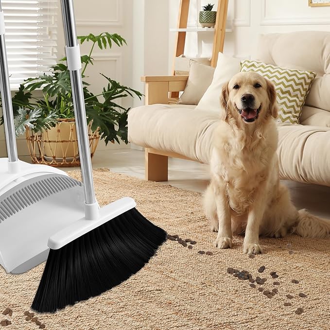 Broom and Dustpan Set, Broom with Dustpan Combo Set for Home 54-in Long Adjustable Handle Dustpan Teeth to Clean Hair for Home Office Kitchen Lobby(White)