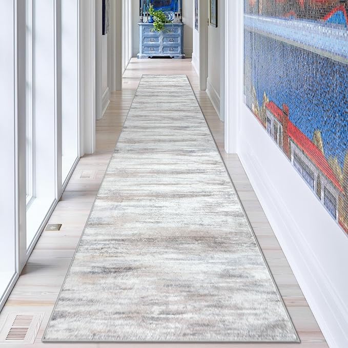 KOZYFLY Modern Abstract Kitchen Runner Rug, 2.6x14 Washable Rug Runner Non-Slip Soft Striped Hallway Runner Rugs, Beige Print Carpet Runner for Entryway Bathroom Laundry Room Foyer