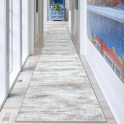 KOZYFLY Modern Abstract Kitchen Runner Rug, 2.6x14 Washable Rug Runner Non-Slip Soft Striped Hallway Runner Rugs, Beige Print Carpet Runner for Entryway Bathroom Laundry Room Foyer