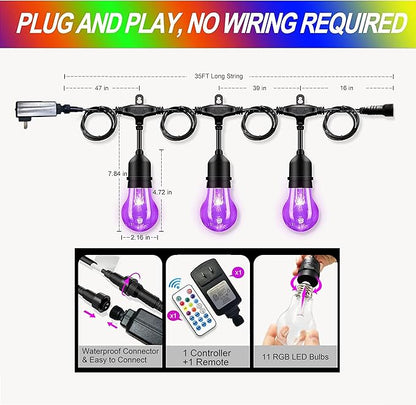 Outdoor Patio Lights Color Changing, 35FT RGB LED String Lights with 16 E26 Shatterproof Edison Bulbs, Dimmable Patio String Lights for Bistro Backyard Garden, 1 Remote Controllers