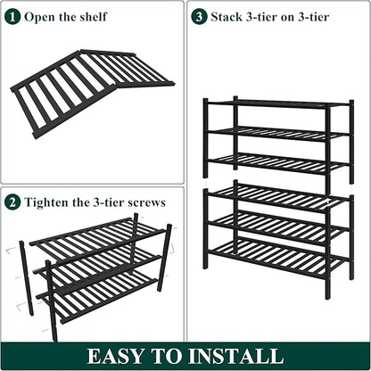 Smiry Bamboo Shoe Rack for Closet, 6 Tier Wooden Stackable Shoe Organizer, Free Standing Shoes Storage Shelf for Entryway, Front Door Entrance, Black