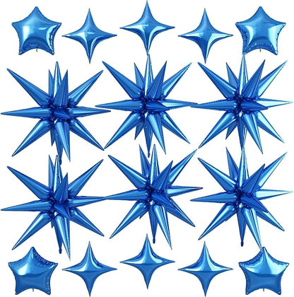 Blue Star Balloon,16Pcs Star Foil Balloons Set with 22Inch Explosion Spike Cone Balloons and 10Inch Quadrangle Helium Balloon for Birthday Wedding Baby Shower Party Decorations