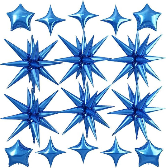 Blue Star Balloon,16Pcs Star Foil Balloons Set with 22Inch Explosion Spike Cone Balloons and 10Inch Quadrangle Helium Balloon for Birthday Wedding Baby Shower Party Decorations
