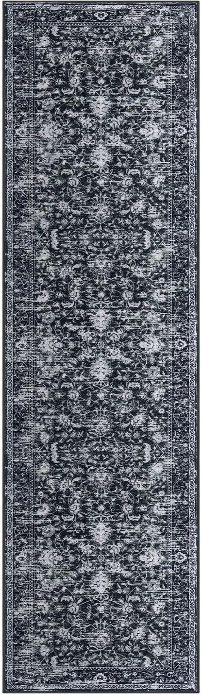 KILOCOCO Hallway Runner 2x7 Rug Runner Printed Vintage Floral Washable Kitchen Runners Non-slip Rubber Backed Runners for Hallways Distressed Thin Soft Rugs for Entryway Laundry Room, Black/Navy/White