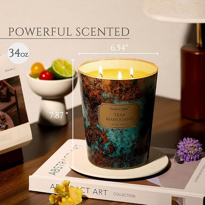 HomeLights Scented Candles | Large Jar 34 Oz Natural Soy Candle | 130 hrs Long-Lasting with 3 Wicks | Industrial Chic Home Decor | Gifts for Mom & Women, Teak Mahogany