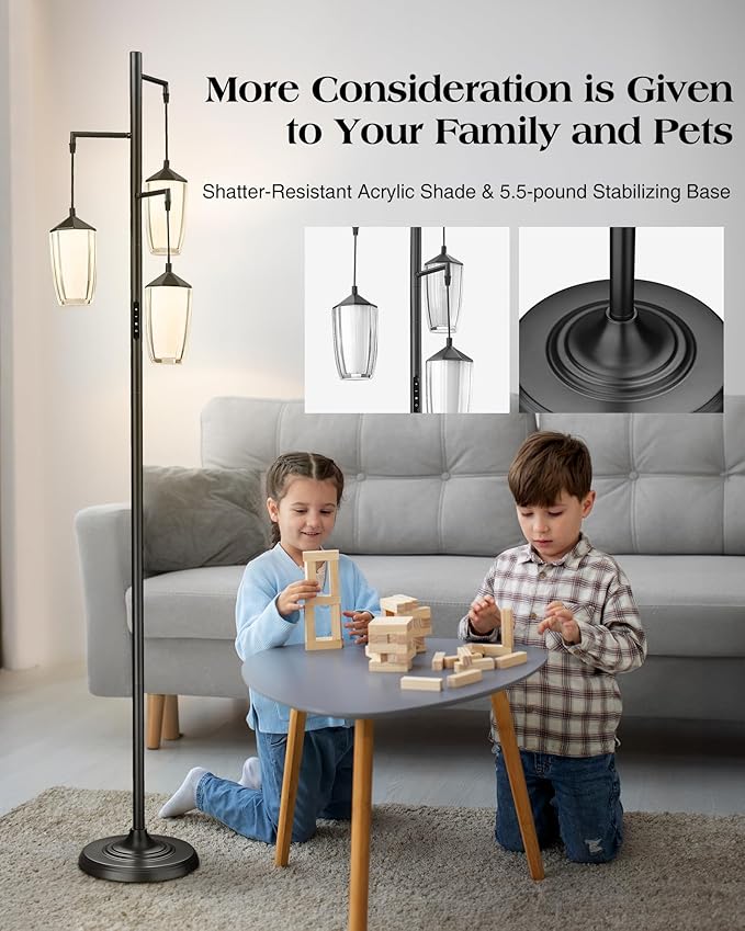 ELYONA Modern Dimmable Floor Lamp, 3-Light Standing Lamp with Remote & Touch Control, Stepless Adjustable 2200K-6500K Colors & Brightness 24W LED Reading Light for Bedroom Living Room Office, Black