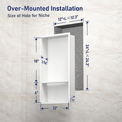 Stainless Steel Shower Niche White 24" X 12" No Tile Needed Wall Niche Double Shelves Recessed Shower Shelf for Bathroom