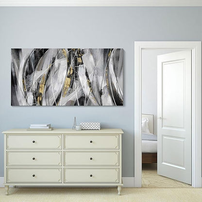 KLAKLA Black and Gold Abstract Wall Art - Big Picture for Living Room Wall - Black and White Canvas Art Work for Home Decor Bedroom Wall Decoration