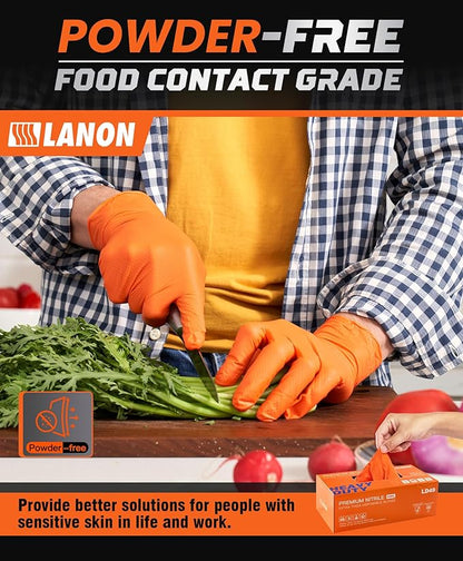 LANON 8mil Orange Disposable Nitrile Gloves, Mechanic, Heavy Duty, Food Safe, Latex Free, Powder Free, Fully-Diamond Textured, XL