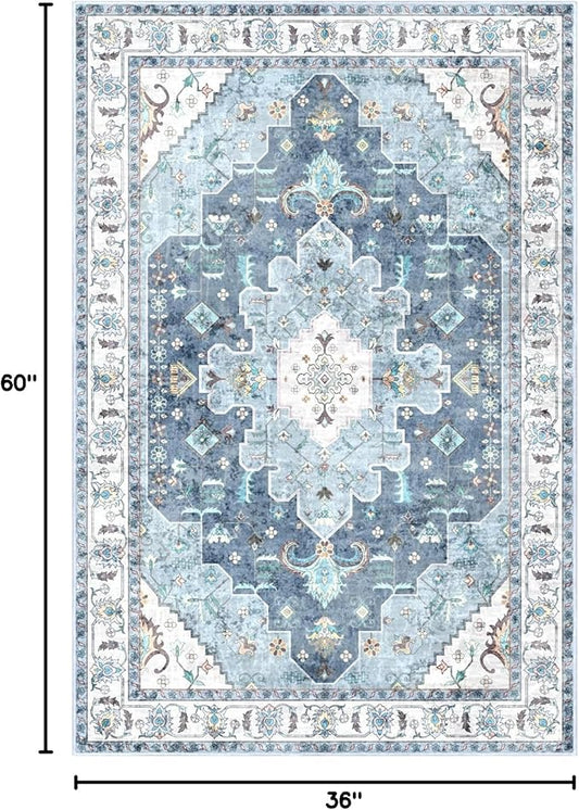 SERISSA Area Rug 3x5 Boho Blue Rugs for Bedroom, Washable Kitchen Rugs Non-Slip, Ultra Soft Print Distressed Vintage Entry Rug Low-Pile Throw Rug Carpet for Bedroom Nursery Living Room Dorm Decor