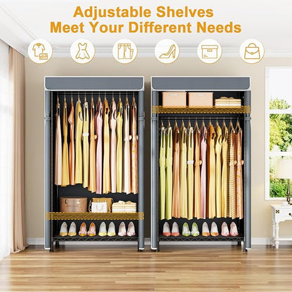 H5C Clothes Rack with Cover, Portable Closet for Hanging Clothes, Covered Clothing Racks Heavy Duty, Freestanding Garment Racks with Shelves, Max Load 360LBS Black Closet Rack with Gray Cover