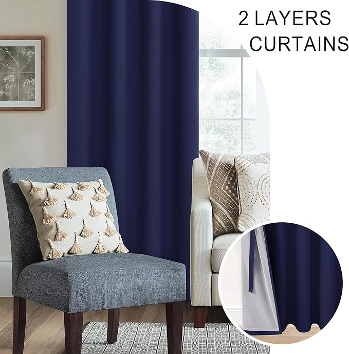 XWZO 100% Blackout Curtains 84 Inches Long with Tiebacks- Narrow Wide Heat Blocking and Soundproof Curtain Panels with Grommets for Short Windows, Navy Blue, W38 x L84, Set of 2
