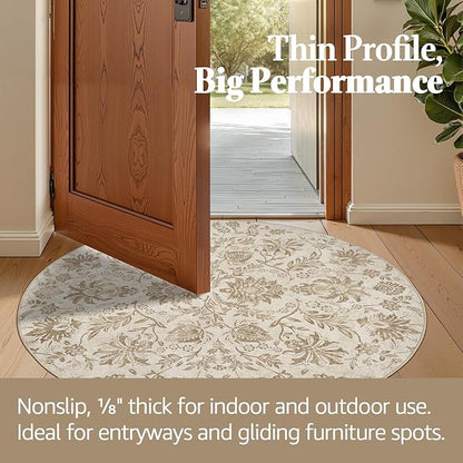 jinchan Classic Floral Round Rug 4ft, Vintage-Inspired Neutral Design 4’Circle Rug, Machine Washable Ultra-Thin Low-Pile Non-Slip Indoor Carpet for Bedroom Dining Room Living Room Entryway Taupe