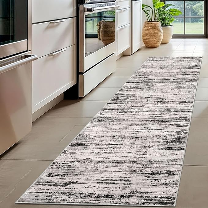 Modern Abstract Hallway Runner Rug, White Black Grey Taupe Washable Kitchen Runner Non-Slip Soft 2x8 Runner Rug Thin Print Faux Wool Carpet for Entryway Bedroom Laundry Room Indoor Home Decor