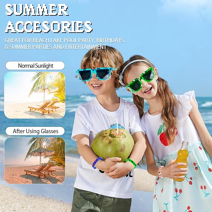 24Pack Pixel Theme Party Favors, 12 Sunglasses and 12 Bracelets for Kids Adults Birthday Party Decorations Supplies