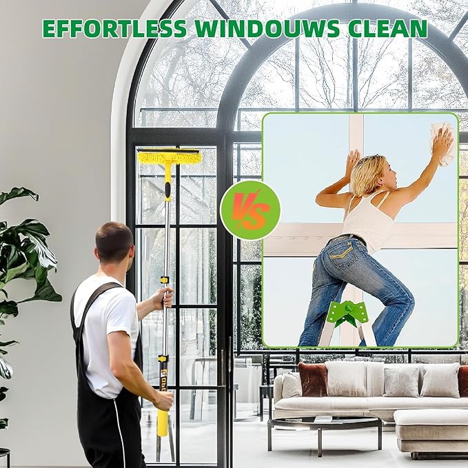 Professional Window Squeegee with Telescoping Extension Pole, 2 in 1 Shower Cleaning with Telescopic Pole, 36'' Extension Washing Tools with Rotating Head for Indoor/Outdoor High Window Glass