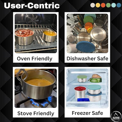 12 Pcs - 6 Stainless Steel Containers + 6 Silicone Lids | 304 Stainless Steel Snack Container | Nesting Snack and Dip Containers | Metal Food Storage