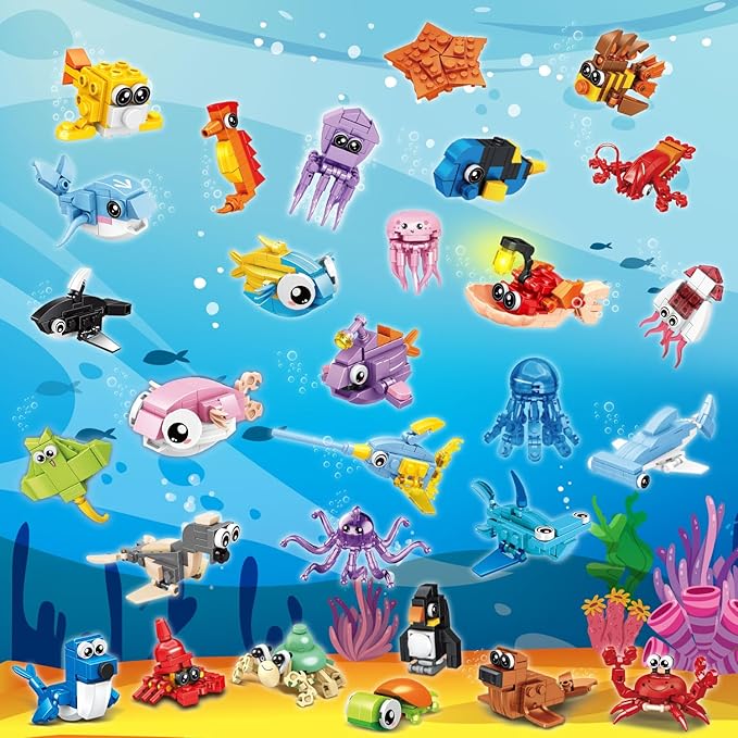 30 Packs Ocean Party Favors for Kids 895 PCS Mini Marine Animals Building Blocks for Goodie Bag Stuffers Bulk Classroom Prizes Easter Basket Birthday Party Favors for Boys Girls Ages 6-8-12