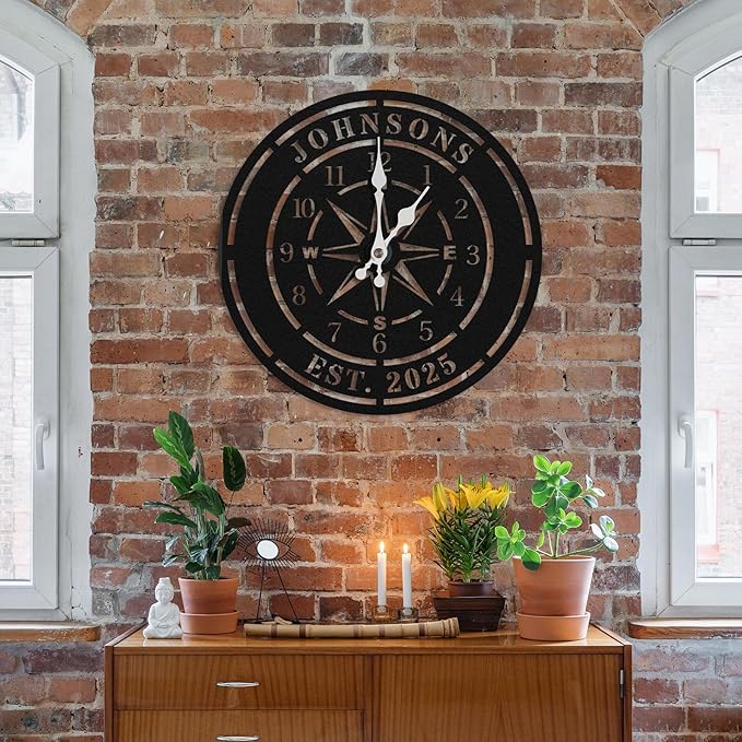 Personalized Compass Wall Clock, Custom Iron Wall Clock with Unique Text, Black Vintage Nautical Decor for Living Room, Office, Mantle, Unique Housewarming Gift, Anniversary Wedding Gift for Him