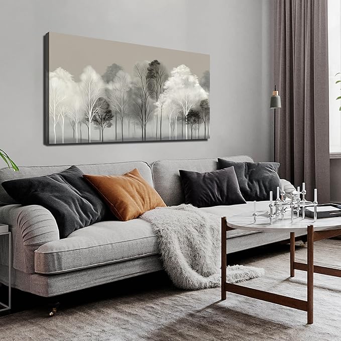 Prepeyssee Black and White Tree Wall Art for Living Room Large Landscape Modern Artwork Gray Forest Picture for Bedroom Home Office Ready to Hang 24x48 Inch