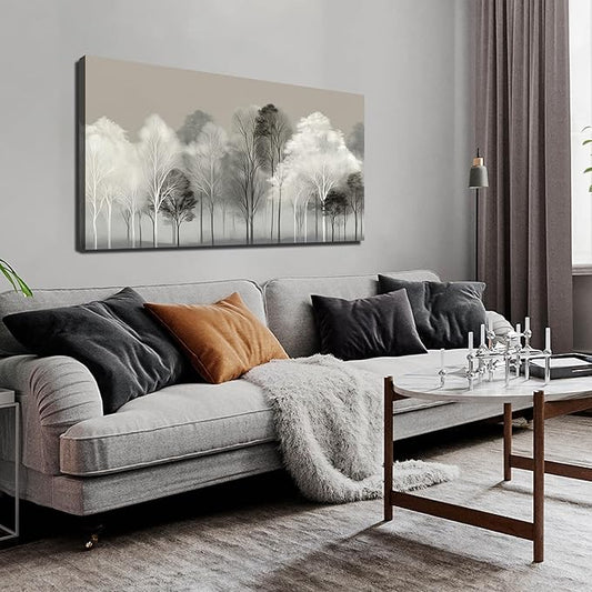 Prepeyssee Black and White Tree Wall Art for Living Room Large Landscape Modern Artwork Gray Forest Picture for Bedroom Home Office Ready to Hang 24x48 Inch