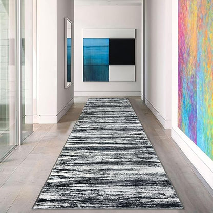 KOZYFLY 3x10 Ft Rug Modern Ombre Runner Rug for Hallway, Washable Kitchen Rugs Non-Slip Soft Striped Entryway Rug, Print Black Navy Blue Grey Abstract Carpet for Laundry Nursery