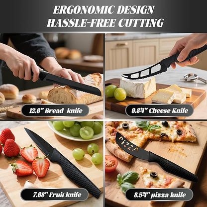 Knife Set, 20 Pcs Kitchen Knife set with block, Sharpener, Finger Guard, Brush, German Stainless Steel, Dishwasher Safe, Anti-slip Handle, Black