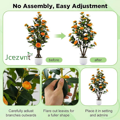 2 Pack Artificial Camellia Tree with White Pot, 38" Faux Potted Plants for Indoor Outdoor Decor, Tall Silk Greenery Plant for Home Office Living Room Balcony, Orange
