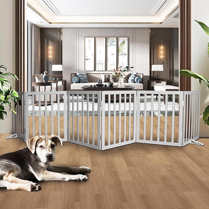Dog Gate Indoor, Freestanding Dog Fence for The House, Doorways, Hallways,or Stairs,Pet Gate Foldable Wooden,Expandable 24" Height 6 Panels,Grey