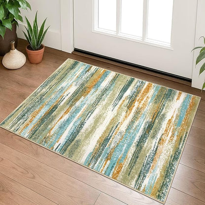 Modern Abstract Entryway Rug Indoor 2x3 Washable Rug Non-Slip Soft Small Area Rug Green Mustard Multi Kitchen Mats Thin Print Faux Wool Floor Carpet Throw Rugs for Entrance Bedroom Home Decor