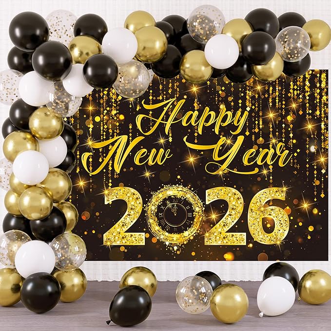 2026 Happy New Year Backdrop Black Gold New Years Eve Photography Background Gold Glitter Backdrop for 2026 New Year Party Decorations (7x5FT（210x150cm）)