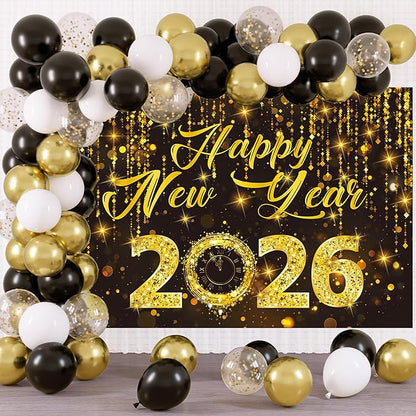 2026 Happy New Year Backdrop Black Gold New Years Eve Photography Background Gold Glitter Backdrop for 2026 New Year Party Decorations (7x5FT（210x150cm）)