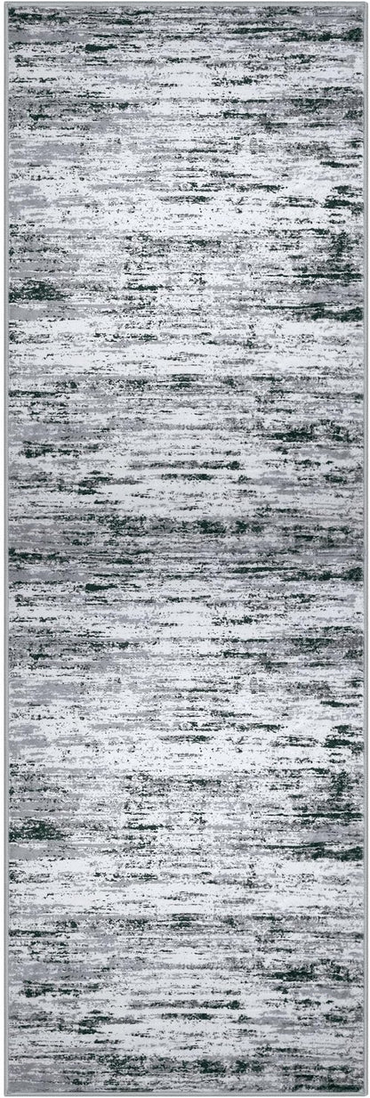 Modern Abstract Runner Rug 2.6x8, Black Grey White Washable Kitchen Runner Non-Slip Soft Hallway Rug Runner Thin Print Faux Wool Carpet for Entryway Bedroom Laundry Room Indoor Home Decor