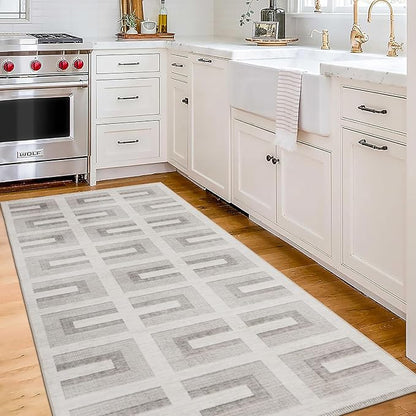 ReaLife Rugs Machine Washable Area Rug Runner - Living Room Bedroom Bathroom Kitchen Entryway Office - Non-Slip Baking Low Pile Stain Resistant Premium - Modern Geometric - Remi - Beige 2'6" x 6'