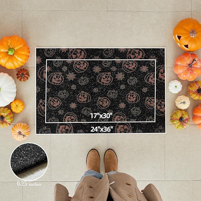 Halloween Door Mat, Halloween Pumpkin Doormat Outdoor Front Door Entrance Absorbent Entry Mat with Non Slip Backing, 24''x36'', Pumpkins Black