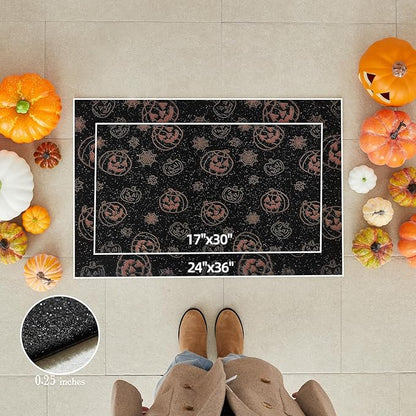 Halloween Door Mat, Halloween Pumpkin Doormat Outdoor Front Door Entrance Absorbent Entry Mat with Non Slip Backing, 17''x30'', Pumpkins Black