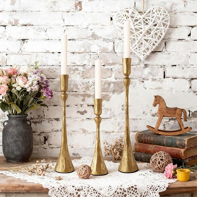 Vintage Gold Taper Candle Holders Set of 3 Cast Iron Antique Brass Decorative Candlestick Holder for Wedding Dining Table Party Rustic Home Decor