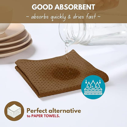 Native Fab Cotton Dish Towel 4 Pack Waffle Weave Tea Towels for Cleaning Drying, 16x26 inches, Soft & Absorbent Washcloths, Kitchen Towel with Hanging Loop, Dish Cloth Set, Brown