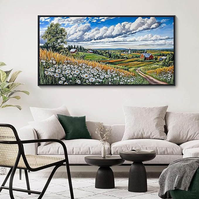 HKDGOKA Large Wall Art Living Room, Mountains Flower Landscape Blue Sky Clouds Landscape Canvas Paintings Cottage Framed Artwork for Bedroom Office Kitchen Room Wall Pictures Decor 29x58 IN