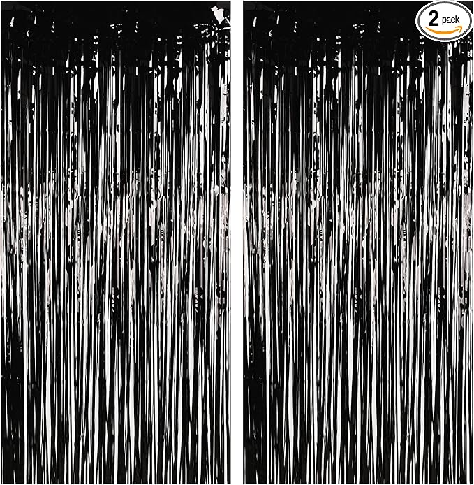 Foil Fringe Curtain Halloweens Party Decorations - Pure Black Tinsel Photo Backdrop Party Steamers Curtains for Christmas/New Years/Boy/Men/Birthdays/Music/Stranger Theme/Prom/Retirement Parties