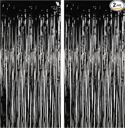 Foil Fringe Curtain Halloweens Party Decorations - Pure Black Tinsel Photo Backdrop Party Steamers Curtains for Christmas/New Years/Boy/Men/Birthdays/Music/Stranger Theme/Prom/Retirement Parties