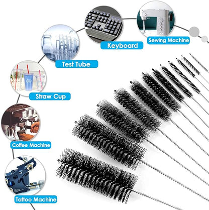 Black Nylon Cleaning Brush Set, 12-Piece, Suitable for Bottle, Teapot, Airbrushes, Espresso Machines, Protective Design, Dishwasher Safe