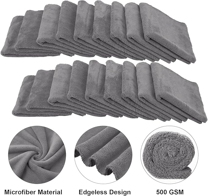 Shimeyao 30 Pcs 16 x 16 Inch Edgeless Microfiber Plush Towels for Cars Detailing Drying Wash Polishing Absorbent Cleaning Cloths, 500 GSM(16 x 16 Inch, Gray, 30 Pcs)