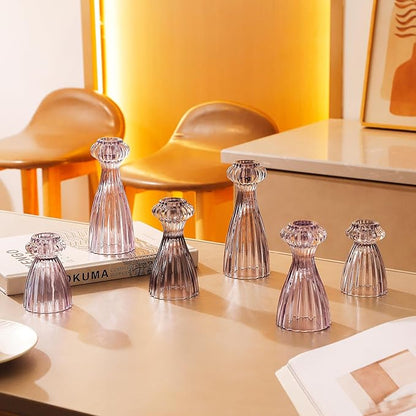 Lysenn Glass Candle Stick Holder Set of 6 – Premium Taper Candle Holders for Romantic Ambiance - Candle Sticks Holder Decor for Special Occasions - Smoke Gray