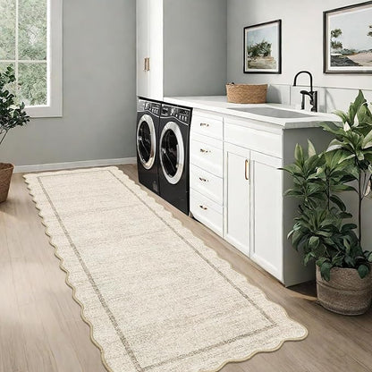 GarveeHome Scalloped Washable Runner Rug 2x10 Non Slip Kitchen Rugs Modern Blue Indoor Entryway Rug Farmhouse Soft Bath Mat Stain Resistant Carpet for Bedroom Hallway Laundry 2 ft x10 ft Beige