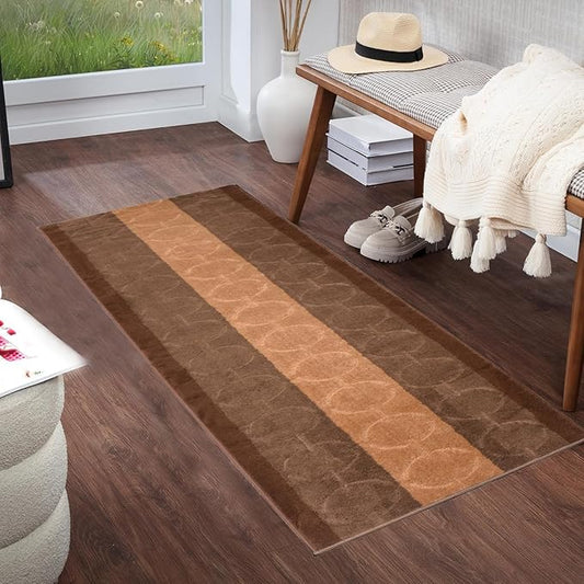 Washable Custom Size Runner Rug Circles Abstract Design Extra Long Runner Rugs for Hallways 26 Inch Wide x Pick Your Size by Feet Slip Skid Resistant Rubber Back (Circle Brown, 2 ft x 26 in)