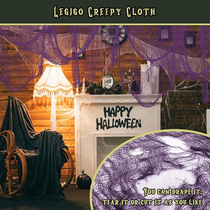 Legigo 12 Pack Halloween Creepy Cloths Cheesecloths, Spooky Black Mesh Fabric Cheese Cloths for Crafts, Scary Gauze Fabric for Party Supplies Home Wall Doorway Outdoor Yard Decor(Black,White,Purple)