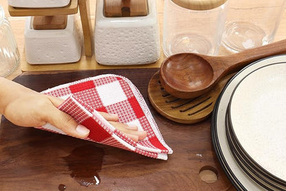 Waffle Weave Plaid Dish Cloths, 100% Cotton - 12 x 12 Inches, Ultra Soft Absorbent Quick Drying Dish Towels Buffalo Check Dish Rags for Kitchen, 6 Pack - Fall Thanksgiving - Red and White