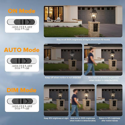 LUTEC Outdoor Solar Lamp Post Light with Motion Sensor, Dusk to Dawn Waterproof Pole Light Head with Three Modes, Exterior Black Solar Powered Fence Post Light Fixtures for Outside